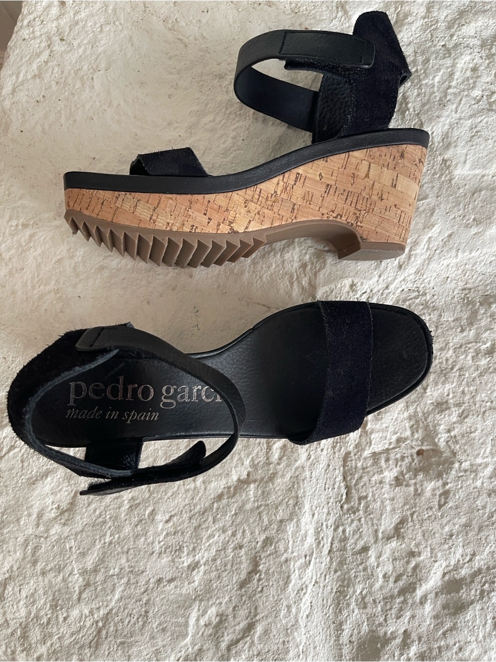 Pedro Garcia Franses Black Suede and Cork Wedge Sandal with Ankle Strap